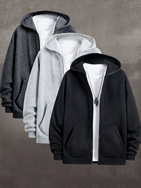 Trendseninle 3lü Set Füme Siyah Gri Kapüşon Detay Fermuarlı Hırka - S000448766-37604