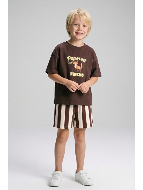 Monila Erkek Çocuk Kahverengi Tilki Baskılı T-Shirt Ve Çizgili Şort Alt Üst Takım - S000531090-19413