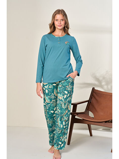 Remsa Kadın Penye Uzun Kol Pijama Takımı 3128 Petrol01 - S000471269-37399