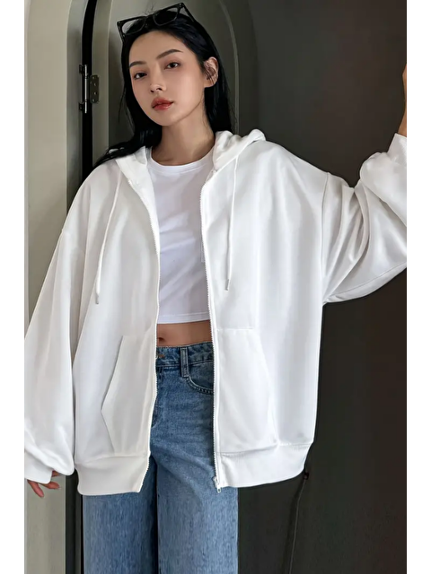 Tarz Cool Unisex Beyaz Fermuar Kapüşonlu Sweatshirt - S000433274-20063