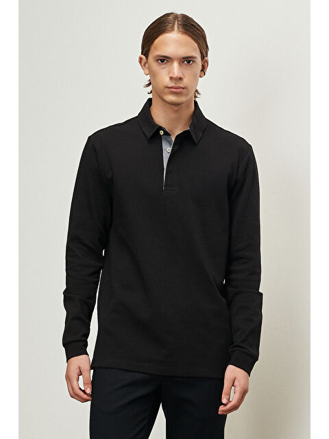 Altınyıldız Classics Erkek Siyah Slim  Fit Dar Kesim Polo Yaka Pamuklu Tişört