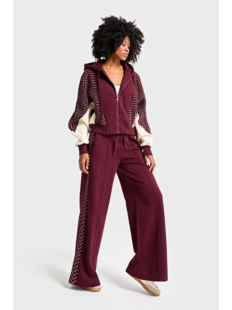 It's Basic Kadın Bordo Renk w5-35 Kapüşonlu Sweatshirt Polar Eşofman Alt 2'li Kombin Kumaş Tasarım Takım - S000441756-19951