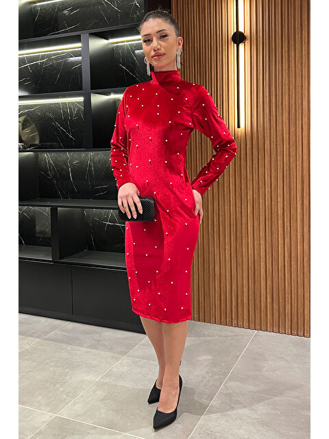 Gülseli Kadın İncili Elastanlı Kadife Elbise - S000326508-20045