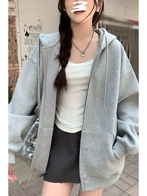 Tarz Cool Unisex Gri Fermuar Kapüşonlu Sweatshirt - S000433274-20600