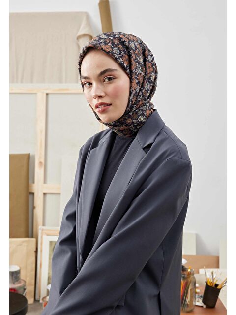 Fresh Scarfs Bloomıng Garden Desen Pamuk İpek Eşarp Siyah - S000422859-19351