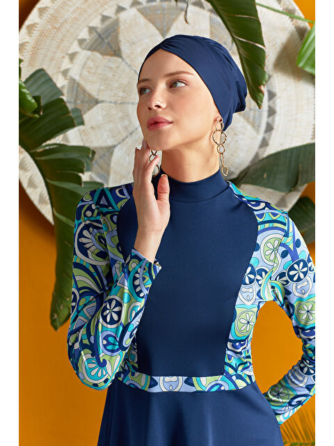Rozamay Elastanlı Tam Kapalı Tesettür Mayo Desen Detaylı 3118 Koyu Lacivert - S000365989-29672