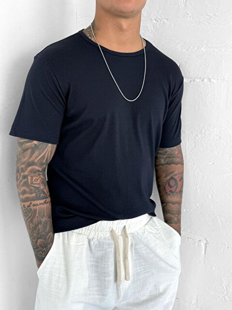 Abluka Online Erkek Slim Fit Fitilli Basic Esnek T-Shirt Lacivert - S000362442-21164
