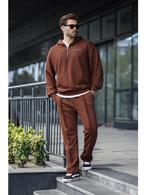 Madmext Acı Kahverengi Yarım Fermuarlı Kapüşonlu Erkek Eşofman Takımı E7332 - S000444738-28102