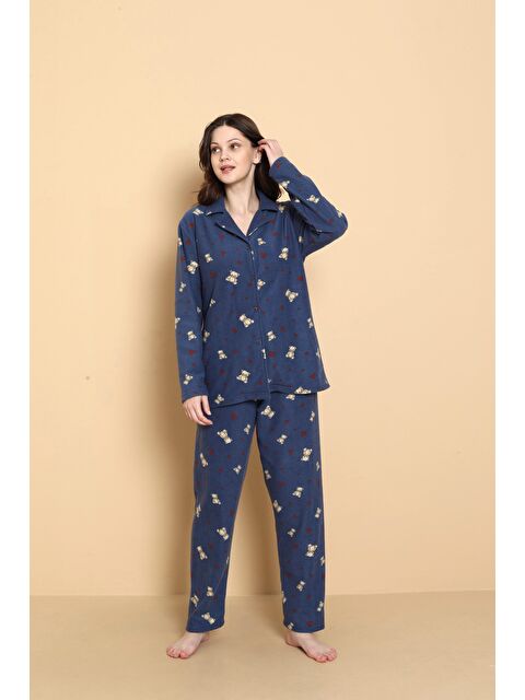 SEBOTEKS Önden Düğmeli Desenli Kışlık Polar Kadın Pijama Takımı 1620 - S000494611-21164