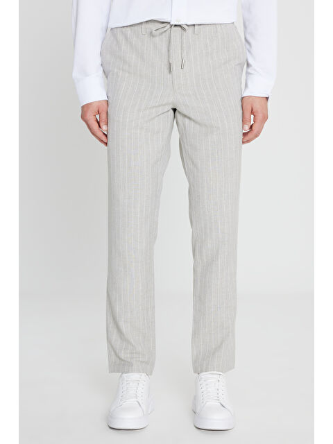 Altınyıldız Classics Erkek Gri Keten Slim Fit Dar Kesim Beli Bağlamalı Çizgili Casual Pantolon