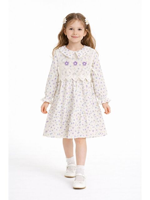Cansın Mini Lila Çiçek Desenli Nakışlı Süveterli Kız Çocuk Müslin Elbise 23579 - S000513668-17878