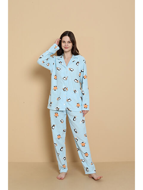 SEBOTEKS Önden Düğmeli Desenli Kışlık Polar Kadın Pijama Takımı 1620 - S000494611-17234