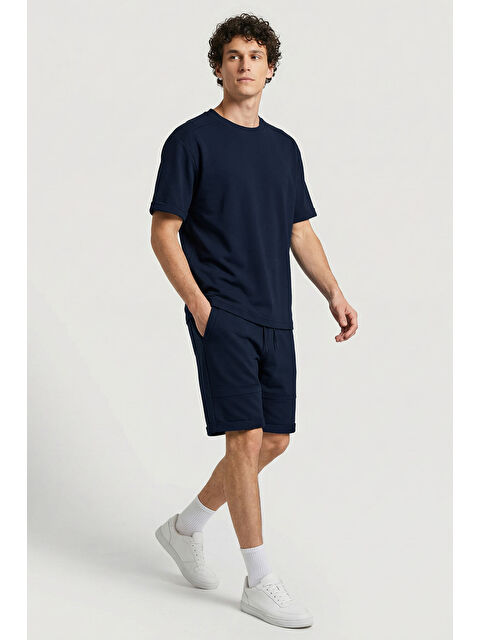 Tommylife Lacivert Oversize Fit Yumuşak Dokulu Basic Erkek Şort Takım - 85274