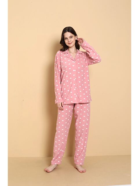 SEBOTEKS Önden Düğmeli Desenli Kışlık Polar Kadın Pijama Takımı 1620 - S000494611-7152