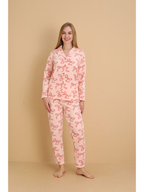 SEBOTEKS Önden Düğmeli Desenli Kışlık Polar Kadın Pijama Takımı 1620 - S000494611-24085