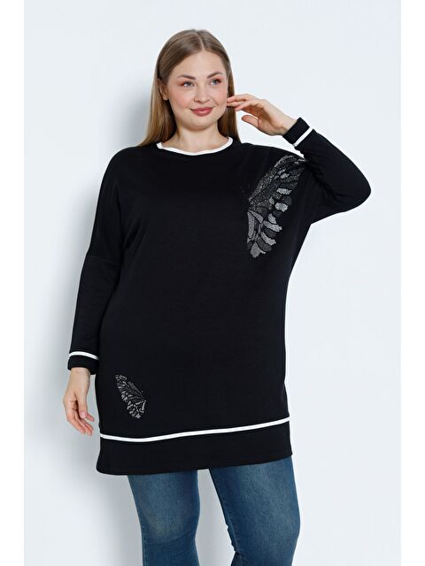 Intensive Kadın Büyük Beden Taş Detaylı Biyeli Uzun Kollu Pamuklu Tunik - S000420170-19351