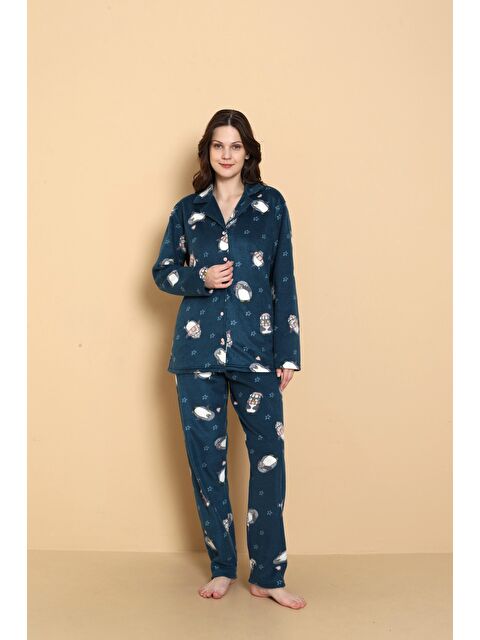 SEBOTEKS Önden Düğmeli Desenli Kışlık Polar Kadın Pijama Takımı 1620 - S000494611-20019
