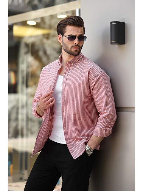 Madmext Bordo Çizgili Uzun Kollu Pamuklu Erkek Gömlek 6746 - S000225688-19951