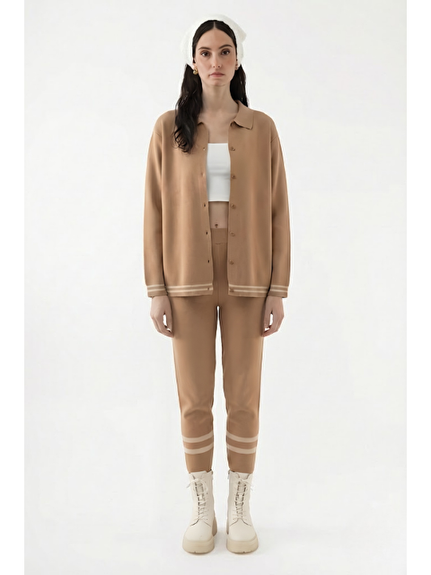 Mevra Çizgili Triko Pantolon Latte - S000510748-29705