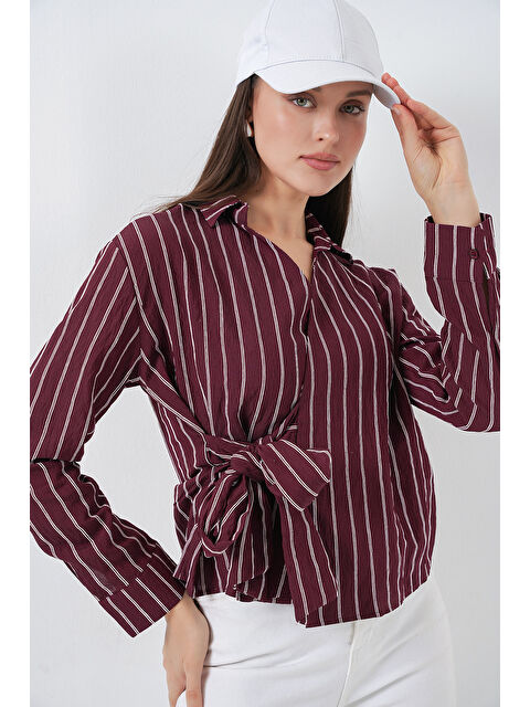 Bigdart Kadın Önü Bağlamalı Çizgili Gömlek 20362 - Bordo - S000510749-19951