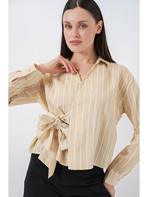 Bigdart Kadın Önü Bağlamalı Çizgili Gömlek 20362 - Bej - S000510749-19928