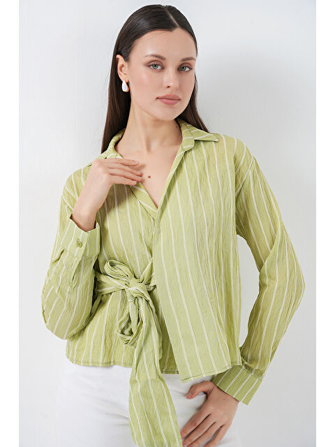 Bigdart Kadın Önü Bağlamalı Çizgili Gömlek 20362 - E.Yeşil - S000510749-37469