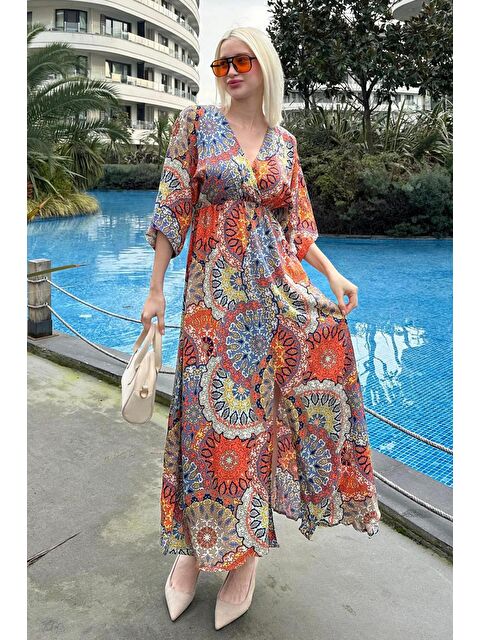 Madmext Turuncu Desenli Yırtmaç Detaylı Uzun Elbise Mg2325 - S000344451-20013