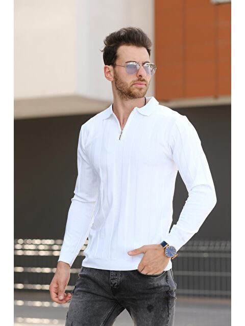 Oksit Vilnius Slim Fit Çizgili Gömlek Yaka Yarım Fermuarlı Erkek Triko - S000266073-20063