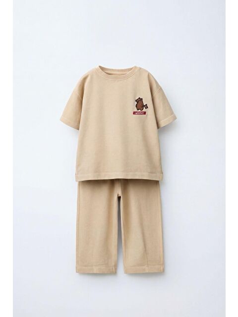 Magu Unisex Çocuk Pamuklu Bej Detaylı Tişört Eşofman Takım