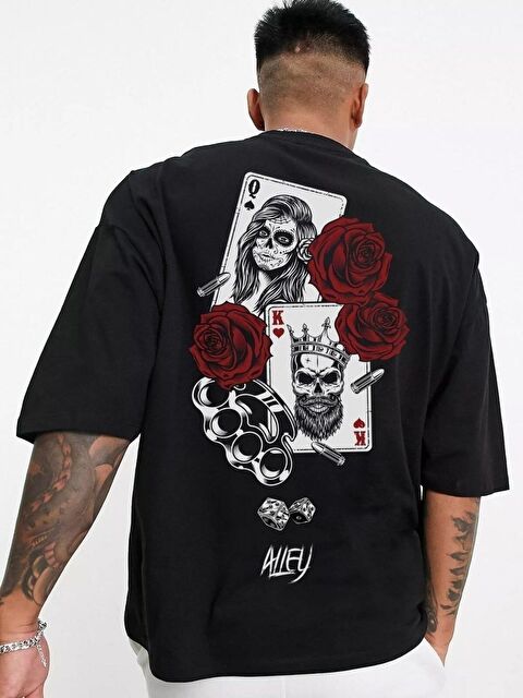 Trendseninle Card Baskılı Siyah Oversize Erkek Kısa Kollu Tişört - S000384145-19351