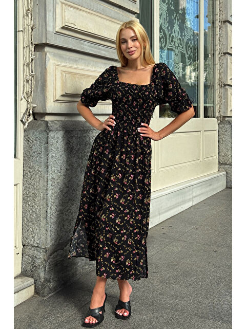 carla10 Kare Yaka Beli Gipeli Çiçek Desenli Elbise - S000421685-19351