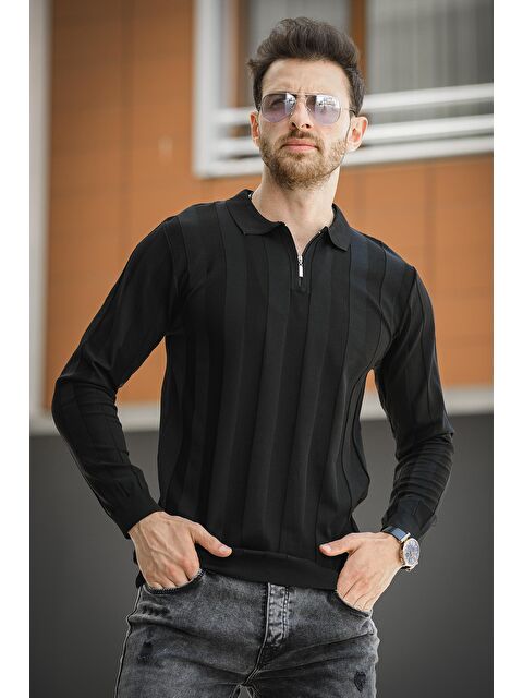 Oksit Vilnius Slim Fit Çizgili Gömlek Yaka Yarım Fermuarlı Erkek Triko - S000266073-19351