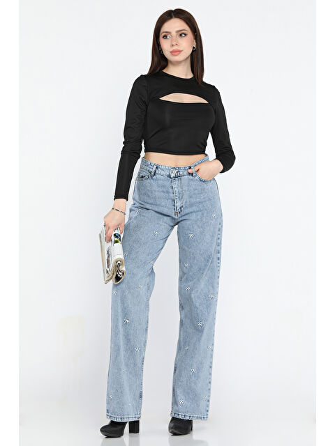 Gülseli Kurdele Nakışlı Yüksek Bel Bol Paça Kadın Jean Pantolon - S000361146-3642