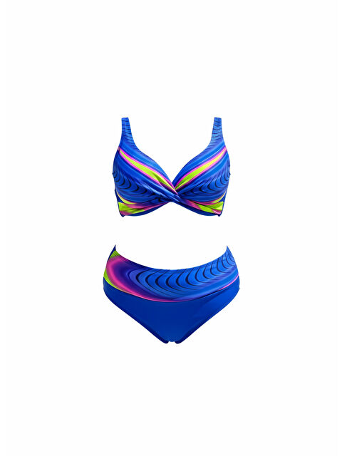 Hazelin Kadın Saks Mavi Desenli Yüksel Bel Astarlı Büyük Beden Bikini Takımı HZL25S-LC22315-5