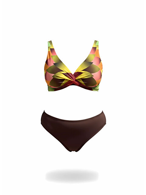 Hazelin Kadın Kahverengi Çok Renkli Yüksel Bel Astarlı Büyük Beden Bikini Takımı HZL25S-LC22315