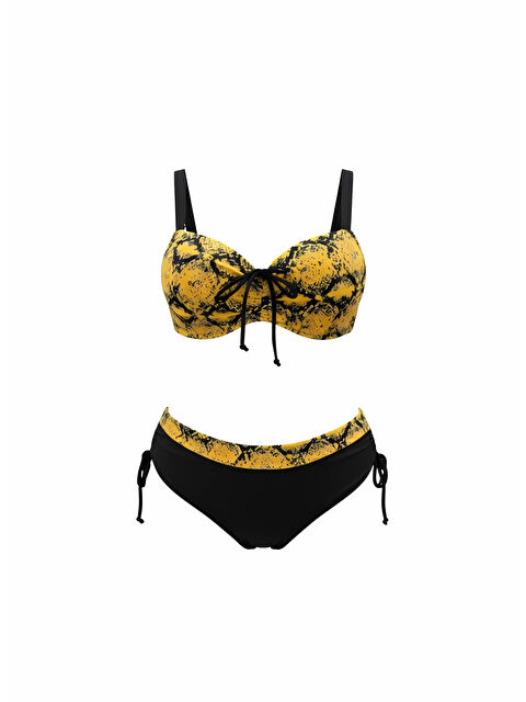Hazelin Kadın Sarı Siyah Desenli Taş İşlemeli Toparlayıcı Bikini Takım HZL25S-LC3333