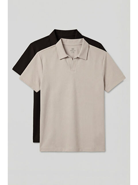 Tommylife Rahat Form Polo Yaka 2li Paket Bej-Kahverengi Erkek T-Shirt - 88496