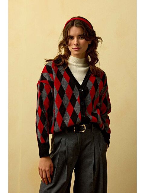 Ceylan Otantik Kırmızı Baklava Desenli Triko Hırka - S000486266-20045