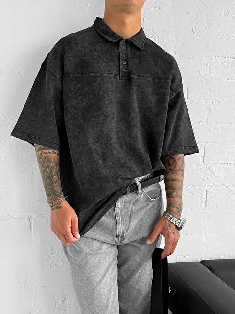 Abluka Online Erkek Polo Yaka Oversize Yıkamalı T-Shirt Siyah - S000391588-19351