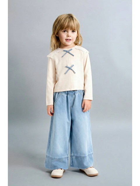 Magu Kız Çocuk Pamuklu Krem Fiyonk Detaylı Bluz Ve Jean Pantolon Takım - S000516468-37243