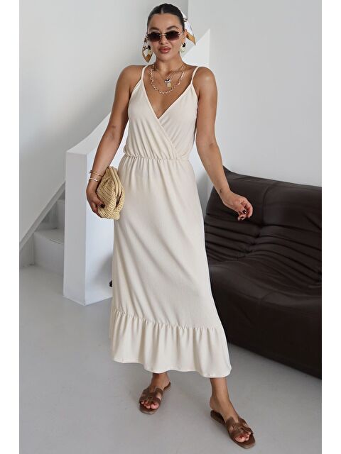 Trendseninle Kadın Bej Askılı Kruvaze Maxi Boy Krinkıl Elbise - S000419316-19928