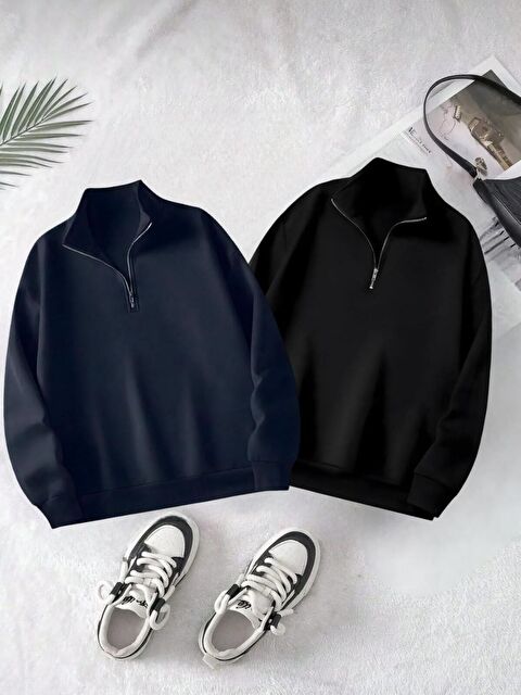 Trendseninle 2Li Set Siyah Lacivert Yarım Fermuarlı Sweatshirt - S000473632-37436