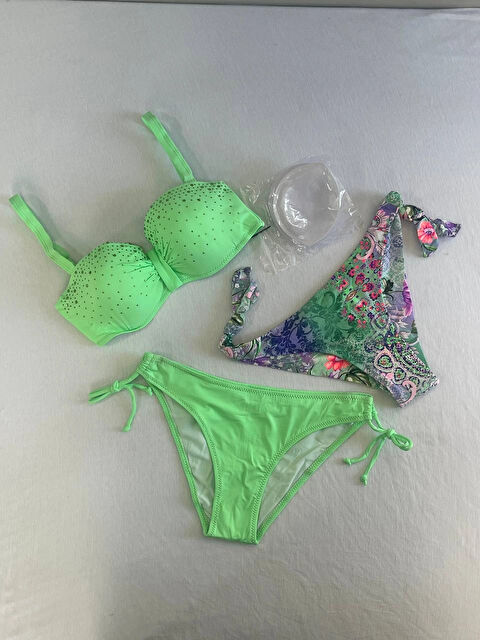 Hazelin Kadın Yeşil Taş İşlemeli 3 Parça Bikini Takım HZL25S-LC3315