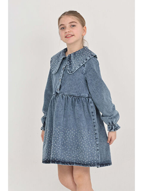 Modanino Kız Çocuk Taş Süslemeli ve Geniş Yakalı Jean Elbise 12453 - S000486145-23093