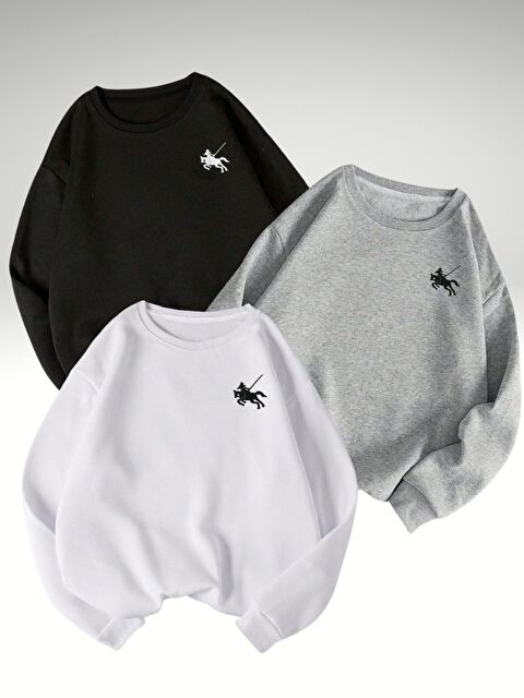Trendseninle 3lü Set Siyah Gri Beyaz HORSE Baskılı Bisiklet Yaka Sweatshirt - S000473634-27206