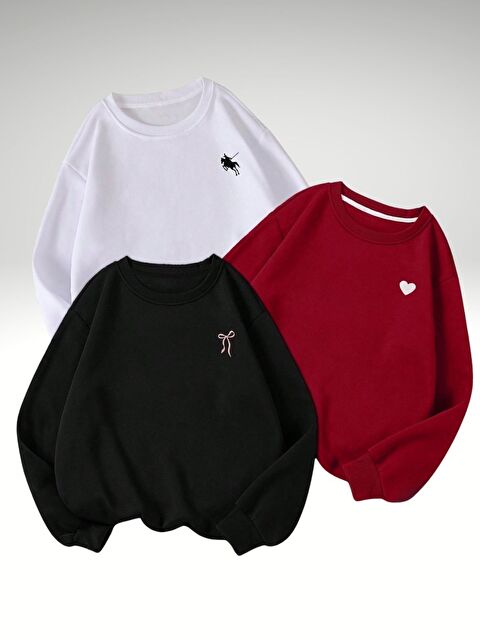 Trendseninle 3lü Set Siyah Kırmızı Beyaz Mixed Baskılı Bisiklet Yaka Sweatshirt - S000473634-23173
