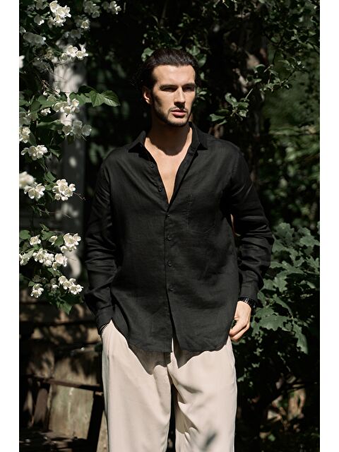 Bohemai Ombretta Siyah Keten Oversize Erkek Gömlek - S000522409-19351
