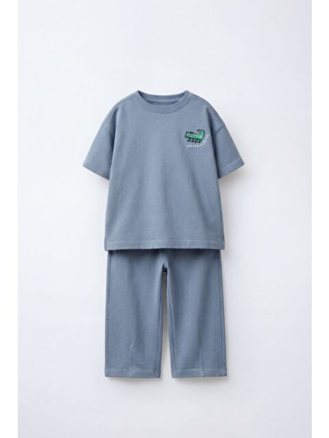 Magu Unisex Çocuk Pamuklu Mavi Timsah Detaylı Tişört Eşofman Takım