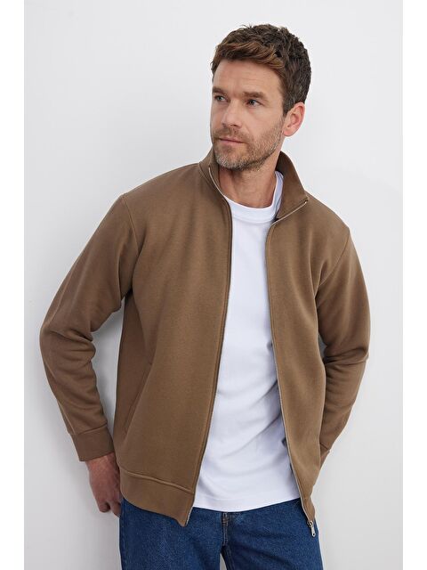 TUDORS Unisex Relax Fit Rahat Kesim Pamuklu 3 İplik İçi Polarlı Fermuarlı Kahverengi Cepli Sweatshirt Hırka - S000494291-19413