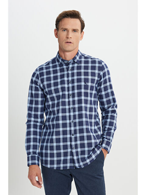 Altınyıldız Classics Erkek Lacivert-Mavi %100 Pamuk Oxford Slim Fit Dar Kesim Desenli Gömlek